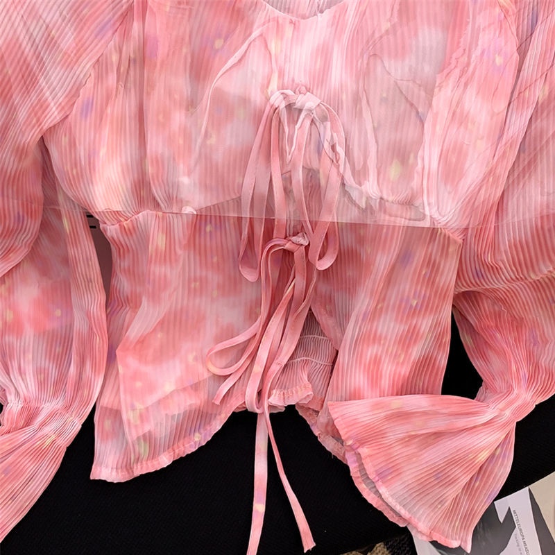 Áo chiffon Trễ Vai Tay Dài Dáng Ôm Màu Hồng Thời Trang Mùa Hè Quyến Rũ Cho Nữ