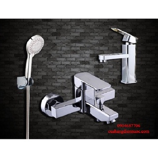 Full bộ sen tắm và vòi chậu rửa mặt Lavabo vuông kết hợp bát sen tắm 5 chế độ nước BC05