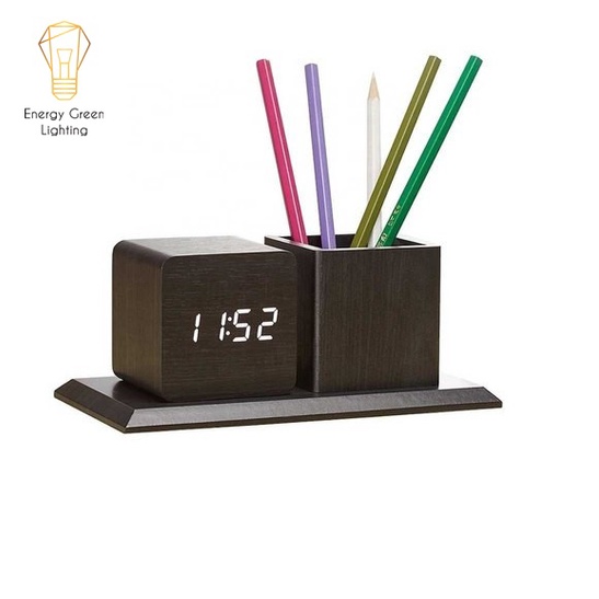 Đồng Hồ Gỗ Led Để Bàn Hình Vuông Bằng Energy Green Lighting DH-96 - Kiêm Ống Đựng Bút - 4 Màu Thanh Lịch