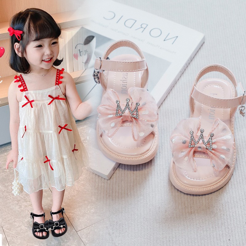 Sandal đính nơ kèm vương miện cho bé gái mẫu hot 2022 - Hàng Quảng Châu Cao Cấp (K63)