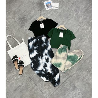Sét bộ thể thao trơn croptop mic quần loang bom