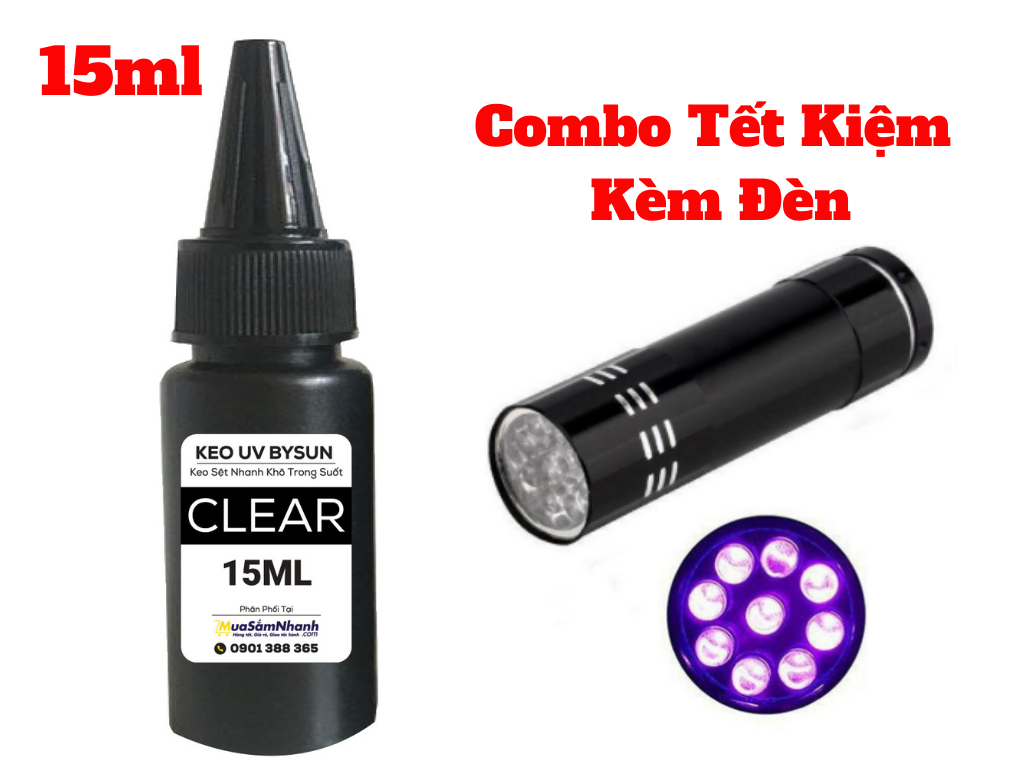 Combo Tiết Kiệm Keo Uv Kèm Đèn Uv Dán Kính ,Dán Thép, Dán Mica Bysun Clear BB010 15ml