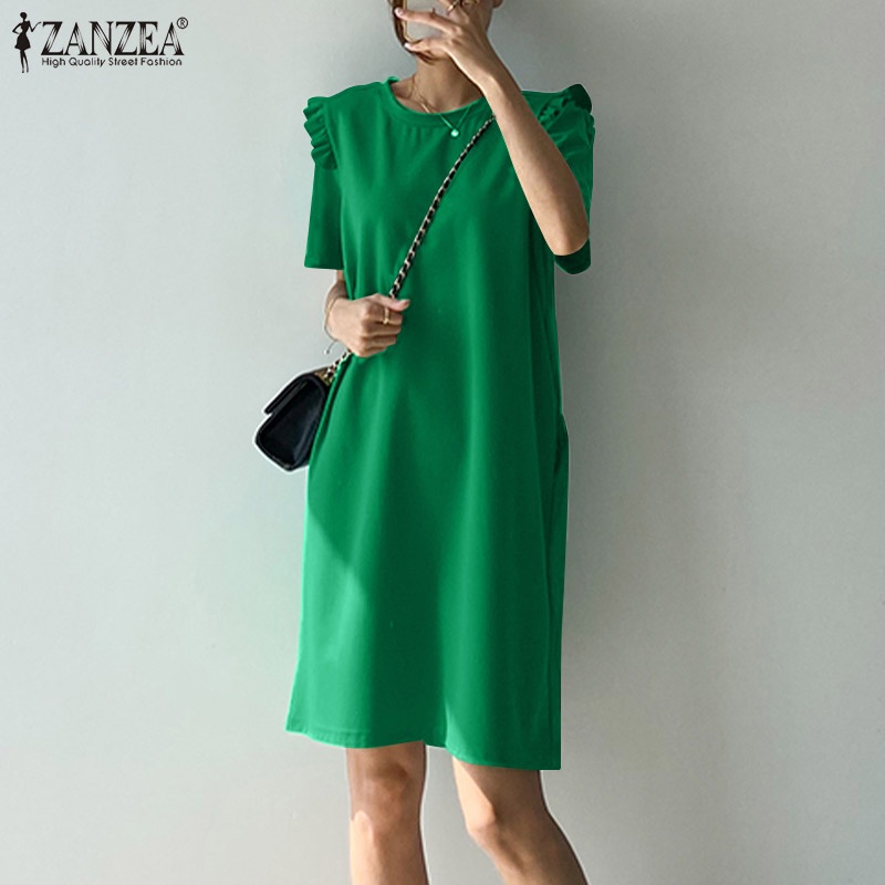 ZANZEA Đầm Tay Ngắn Cổ Tròn Thời Trang Dành Cho Nữ