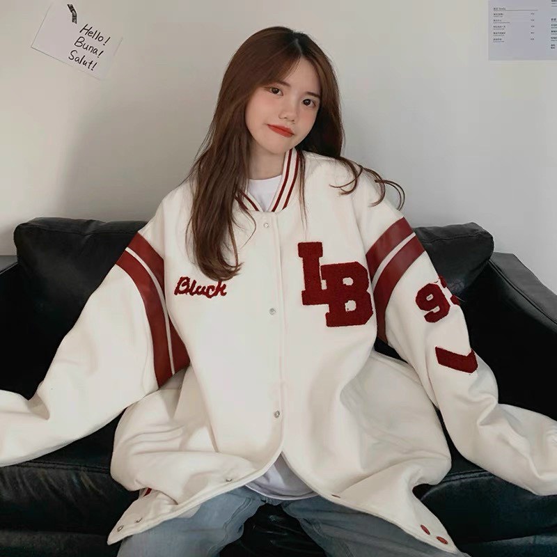 Áo khoác nỉ LB bomber thể thao nút bấm unisex tay phồng phong cách Hàn Quốc