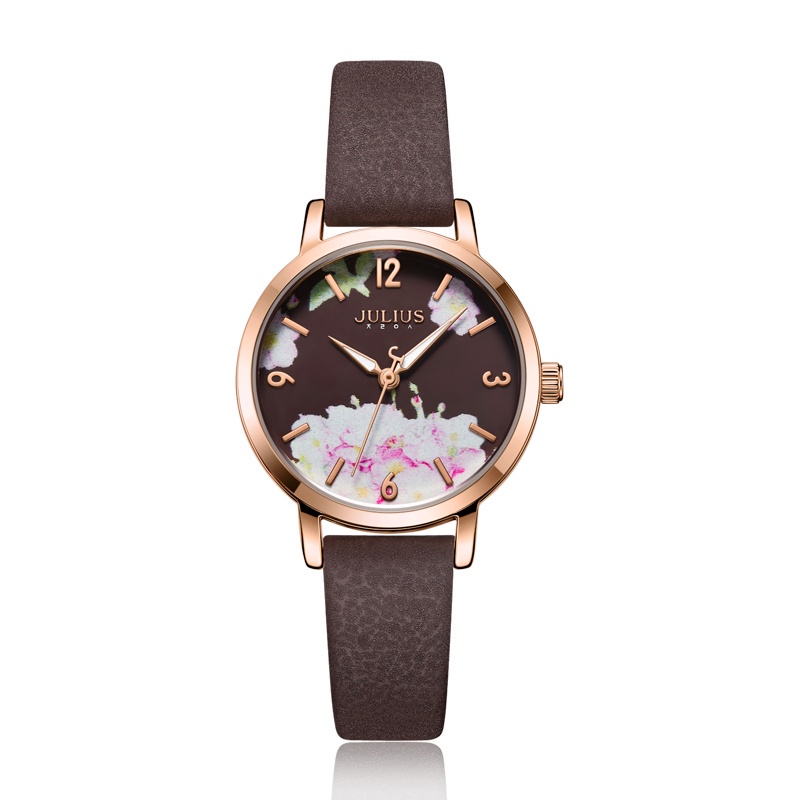 Đồng Hồ Quartz Julius Mặt Tròn Trang Trí Hình Cánh Hoa 3D Phát Quang Thời Trang Cho Nữ 1102