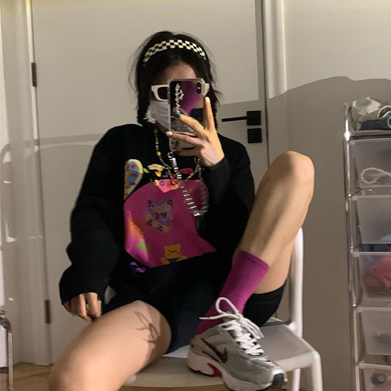 Áo thun tay dài dáng rộng thiết kế thời trang mùa thu theo phong cách Hàn Quốc cho nữ