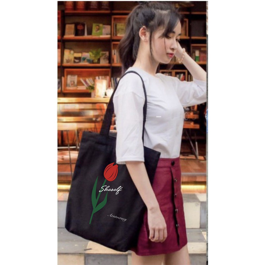 Túi Tote Vải Canvas Nữ phong cách Ulzzang Có Khóa Kéo ngăn phụ chất liệu dày dặ