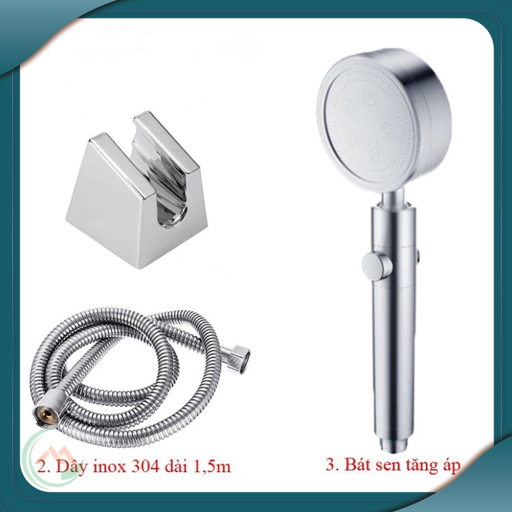 Bộ tay sen tắm vòi hoa sen tăng áp chất liệu nhôm đúc màu Bạc siêu bền có nút bật tắt trên thân tiện dụng -