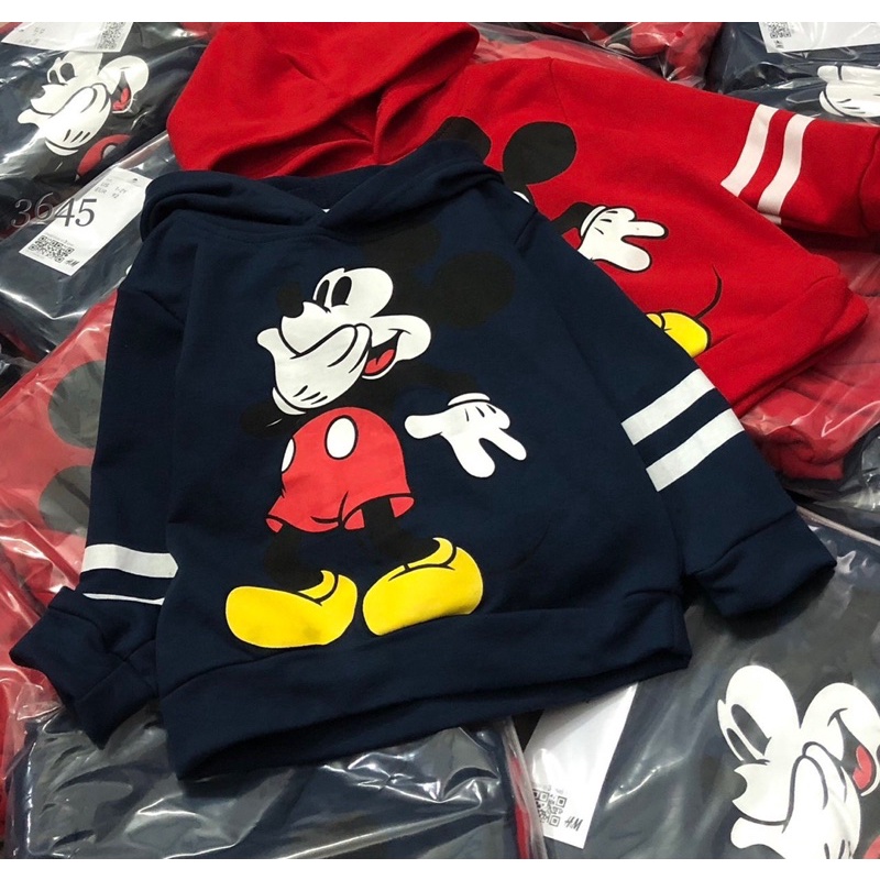 Set 2 áo nỉ mũ Mickey cho bé, áo nỉ da cá có mũ 2 màu, combo 2 áo nỉ chân cua Mickey