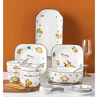 Bộ bát đĩa sứ ăn cơm hoạt hình thỏ, hươu, khỉ, gấu