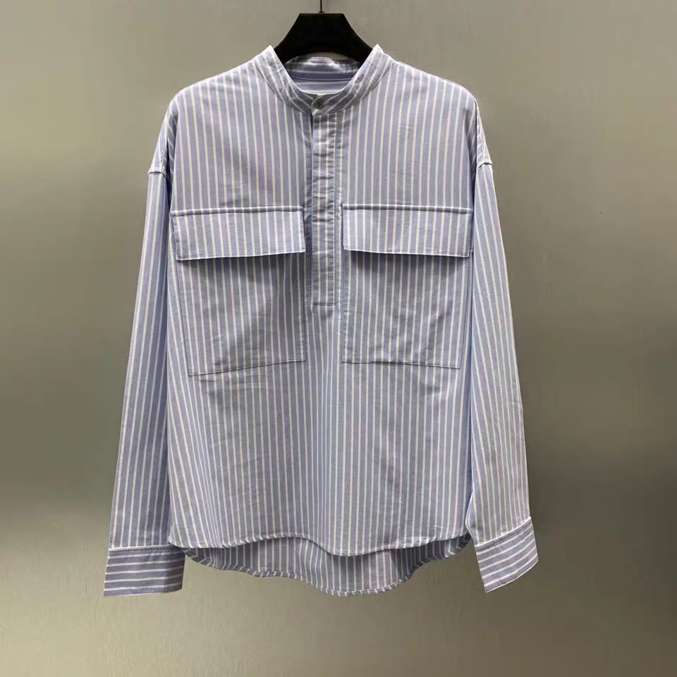 Áo Sơ Mi Tay Dài Cổ Henry Cài Nút Họa Tiết Kẻ Sọc Phong Cách Đường Phố Cổ Điển Thời Trang Mùa Hè 6 6th Dành Cho Nam Và Nữ