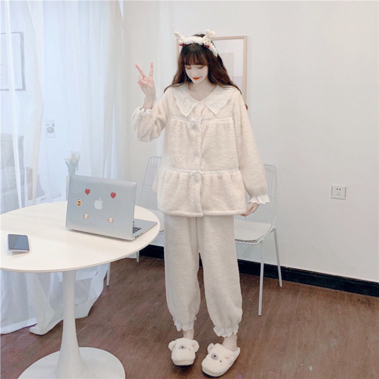 Bộ đồ mặc nhà thu đông nữ, bộ ngủ nữ lông phối viền màu trắng điệu đà chất đẹp, thoáng hút mồ hôi