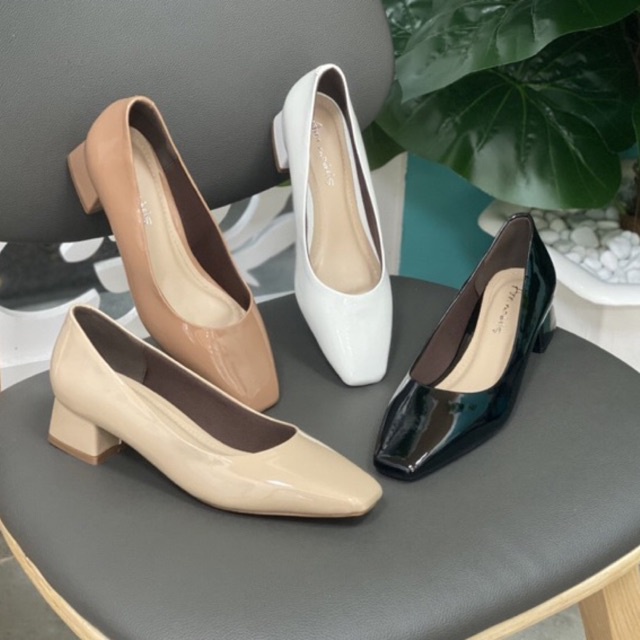 Giày cao gót 3 phân mũi vuông Annmodels gót vuông chất liệu xi bóng cao cấp kiểu dáng bassic phong cách công sở_A3005XB