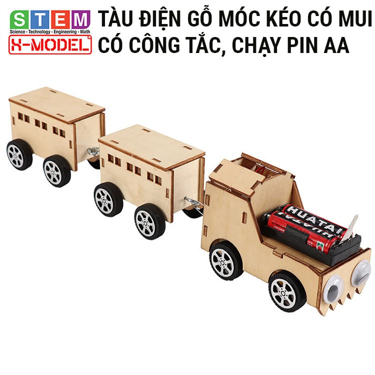 Xe đồ chơi STEM Tàu điện gỗ có móc kéo X-MODEL cho bé, Đồ chơi sáng tạo cho bé DIY| Giáo dục STEM, STEAM