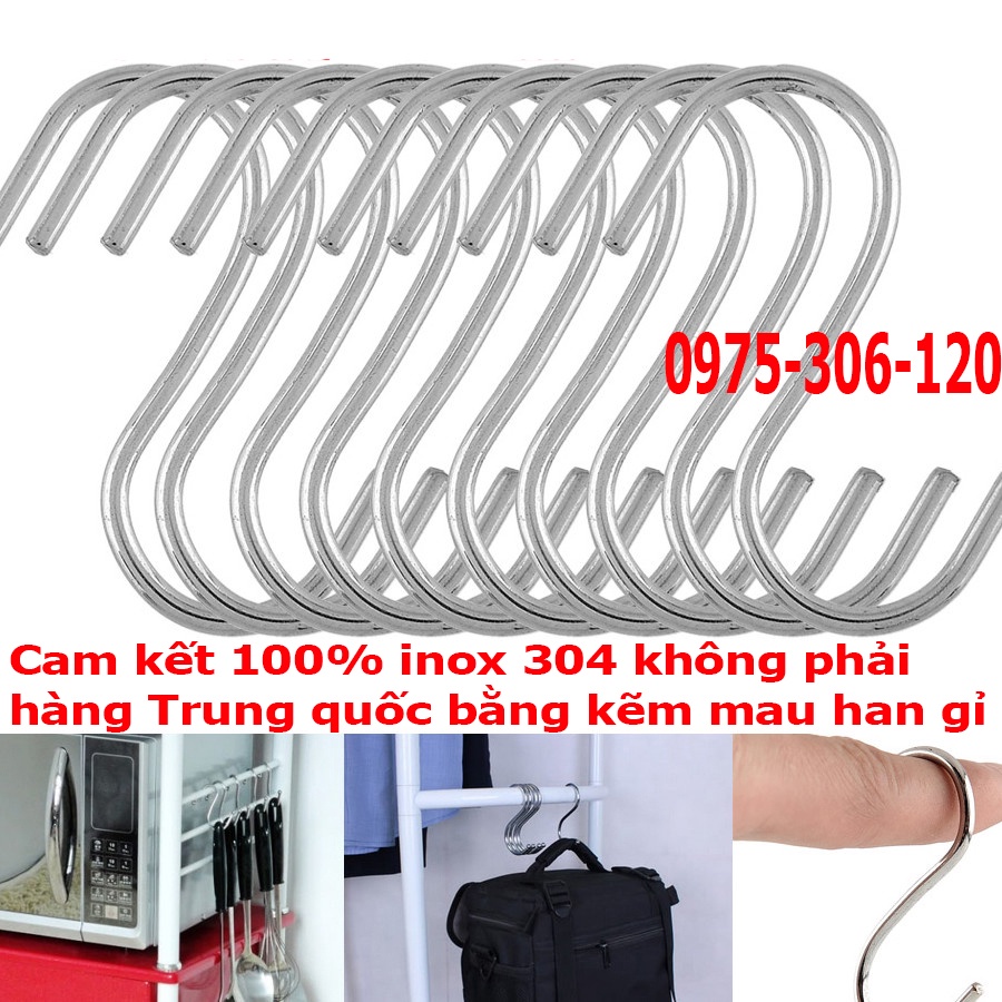 Bộ Móc Treo Nồi Chảo Quần Áo Hình Chữ S 100% inox 304 chuẩn,hàng không thể bẻ cong chỉ lấy kìm mới bẻ được