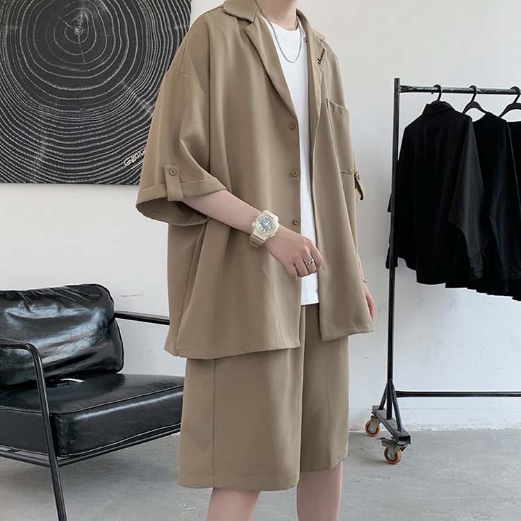 Bộ quần áo nam nữ unisex form rộng tay lỡ sơ mi quần short rộng màu đen và nâu dáng đẹp thời trang trẻ pon.mens