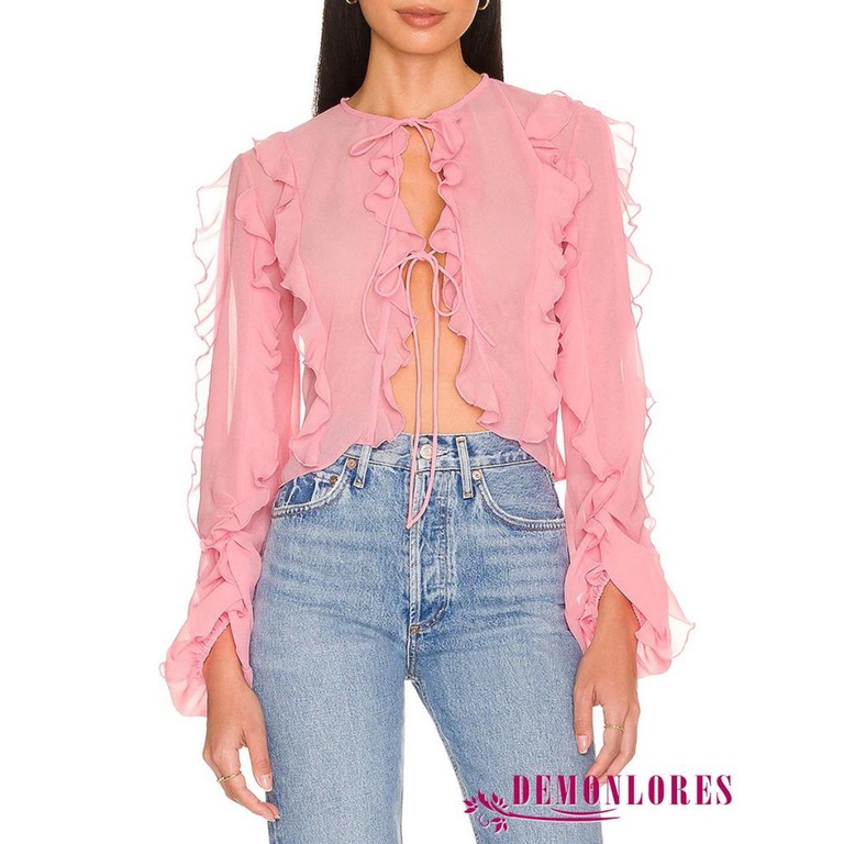 Áo Cardigan Tay Dài Cổ Tròn Nhún Bèo Màu Trơn Thời Trang Cho Nữ