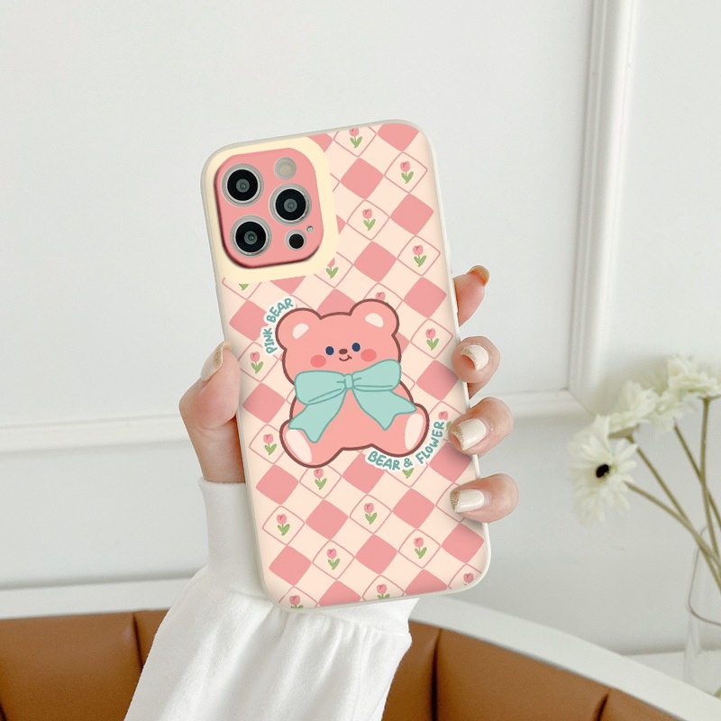 Ốp lưng iphone caro pink bear vuông cạnh ốp iphone 6/6plus/7/7plus/8/8plus/x/xr/xs/11/12/13/pro/max/plus/promax