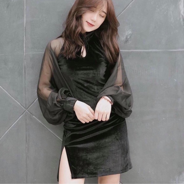 Sườn xám tay voan đen