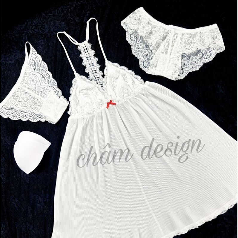 váy ngủ voan trắng dập ly nhỏ gắn nơ đỏ cao cấp hàng thiết kế độc quyền tại shop