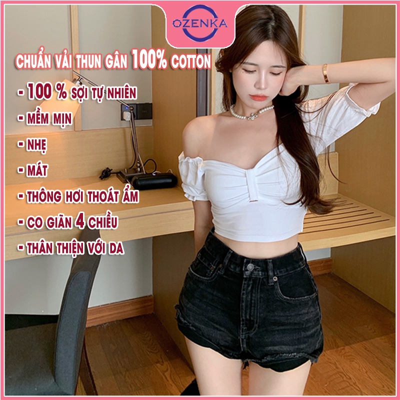 Áo croptop kiểu hàn quốc cổ vuông tay ngắn trễ vai bồng nữ OZENKA , áo croptop ôm body thun gân 100% cotton đen trắng