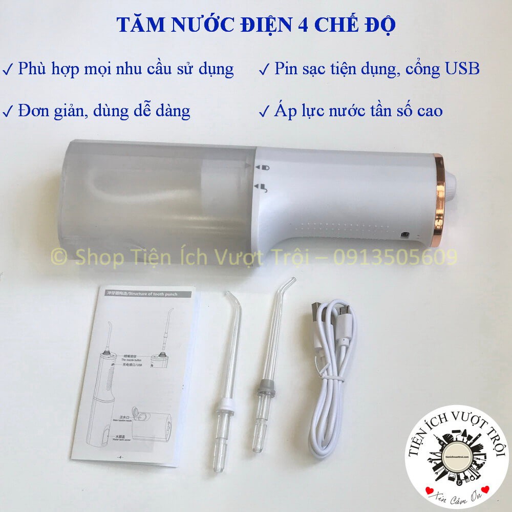 Tăm nước động cơ điện 4 chế độ cho mọi nhu cầu sử dụng, làm sạch kẽ răng, chống hình thành cao răng-Tiện Ích Vượt Trội