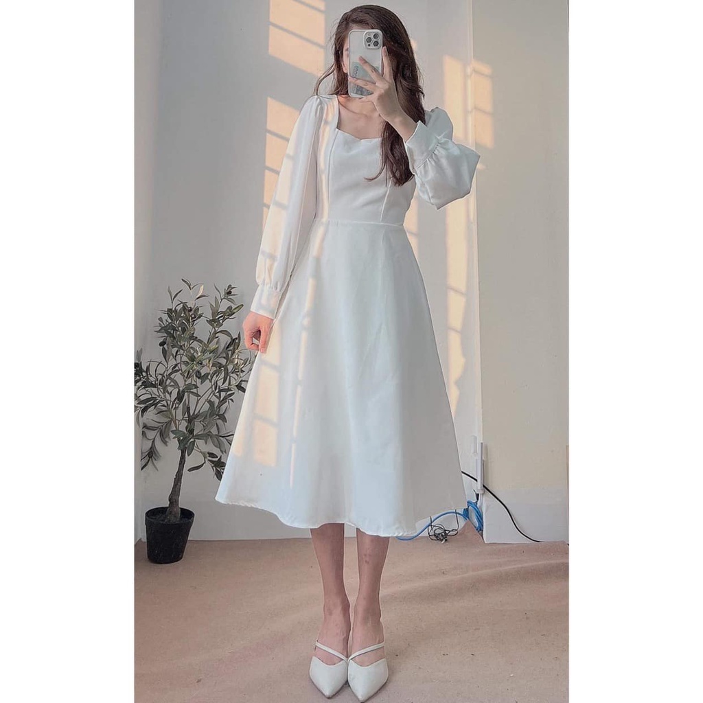 Đầm trắng cổ vuông dài tay / Váy nữ viền ren hạt gạo chun lưng dáng dài, chất dày