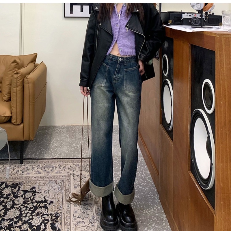 Quần Jeans Nữ Cạp Cao Màu Xanh Vintage Phong Cách Thời Trang Hàn Quốc 2022 Siêu Thời Thượng