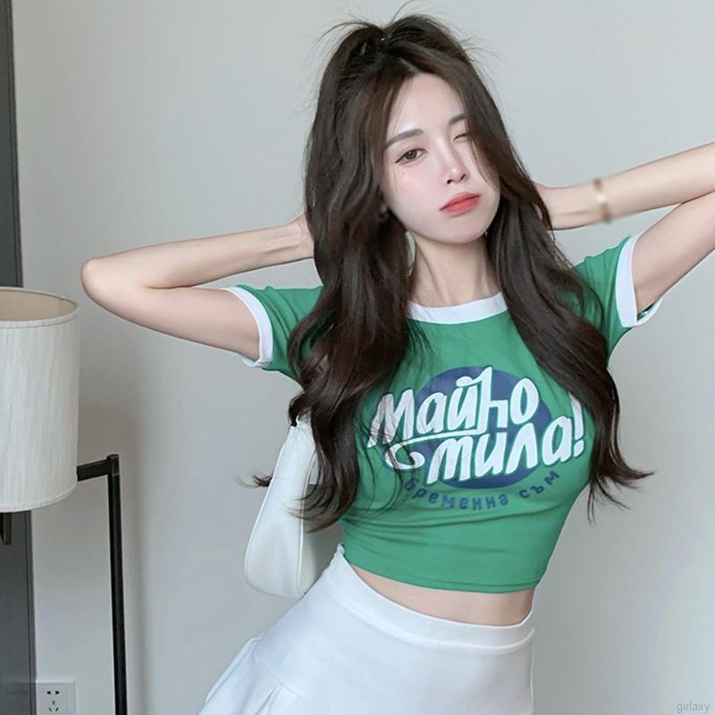 Áo thun croptop ngắn tay cổ tròn màu sắc tương phản phong cách Hàn Quốc thời trang hè cho nữ