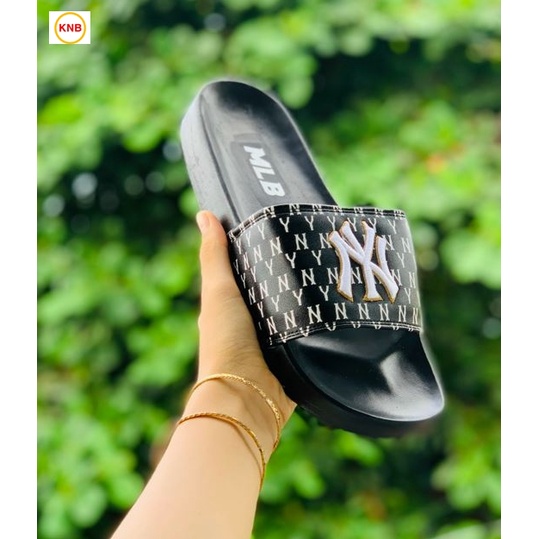 Dép 𝐌𝐋𝐁 UNISEX mẫu dép thể thao ❤️ Freeship + Hộp ❤️ Dép NY bóng chày quai ngang nam nữ chữ thêu nỗi kèm mác full đen