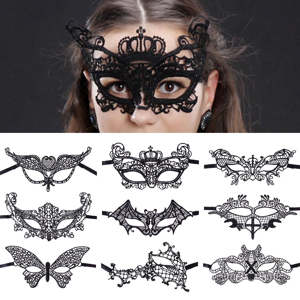 CONOPERY Bịt mắt ren che nửa mặt màu đen phong cách gothic hóa trang halloween dành cho nữ