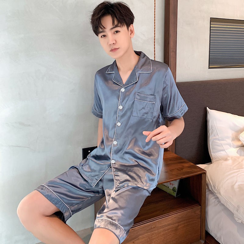 Bộ đồ ngủ ngắn tay bằng vải lụa thoải mái cho nam | BigBuy360 - bigbuy360.vn