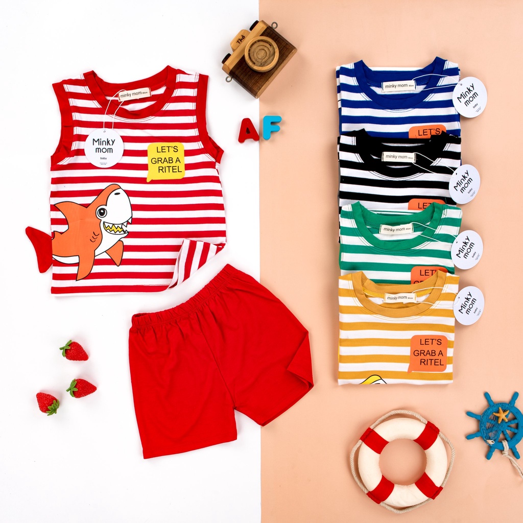 Bộ ba lỗ sọc cá mập cộc tay ATKID cho bé trai bé gái chất liệu cotton thoáng mát