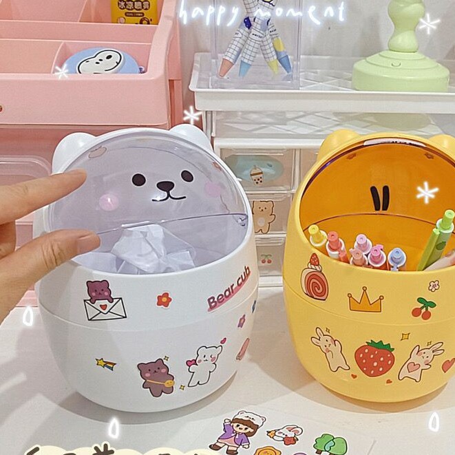 Thùng rác mini để bàn hình gấu nắp lăn cute (Tặng kèm sticker trang trí)