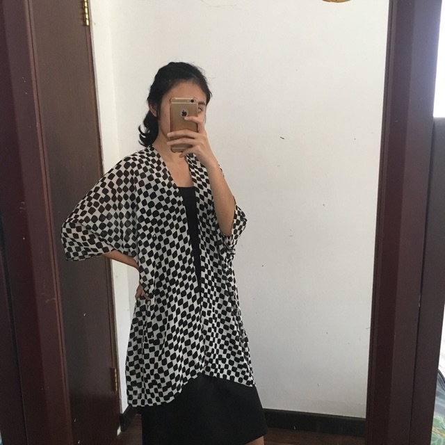 Đen Áo Khoác Cardigan Kiểu Kimono Họa Tiết Sọc Caro Thời Trang