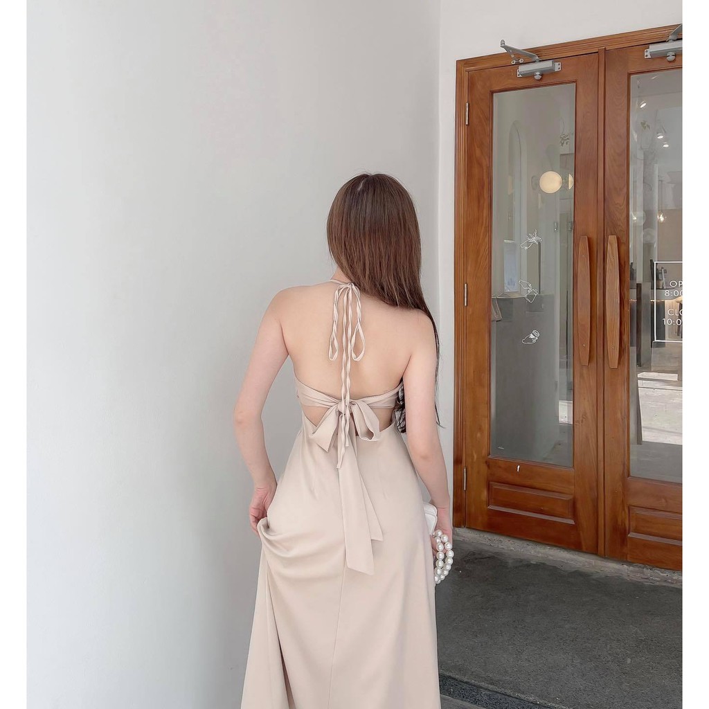 [HÀNG THIẾT KẾ CAO CẤP] Đầm Maxi Yếm Lụa Cột Nơ Hở Lưng Gợi Cảm Đi Biển Màu Đen