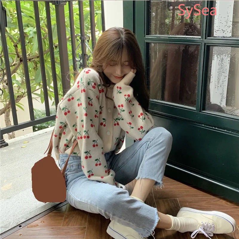 Áo khoác cardigan dệt kim dáng rộng in hình quả cherry thời trang mùa đông xinh xắn cho nữ