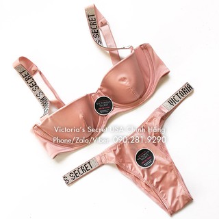 34B, B75 (Auth Mỹ) - Áo bra Vic hồng  đính đá (113) không mút, có gọng, Balconette Dollhouse - Victoria's Secret