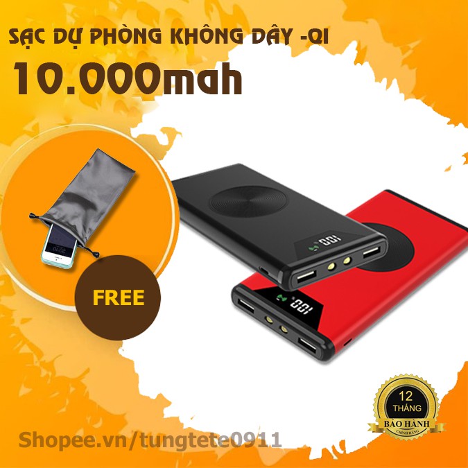 [TẶNG TÚI ĐỰNG] Pin Sạc Dự Phòng Không Dây Power Bank Chuẩn QI 10.000mAh - Hỗ trợ sạc nhanh, sạc không dây