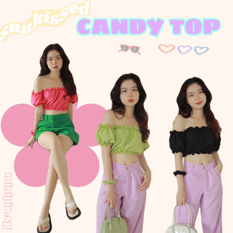 Áo Croptop Trễ Vai Tay Bồng Tiểu Thư Mùa Hè Màu Xanh bơ/Hồng Hot Pink/Đen - Minipie