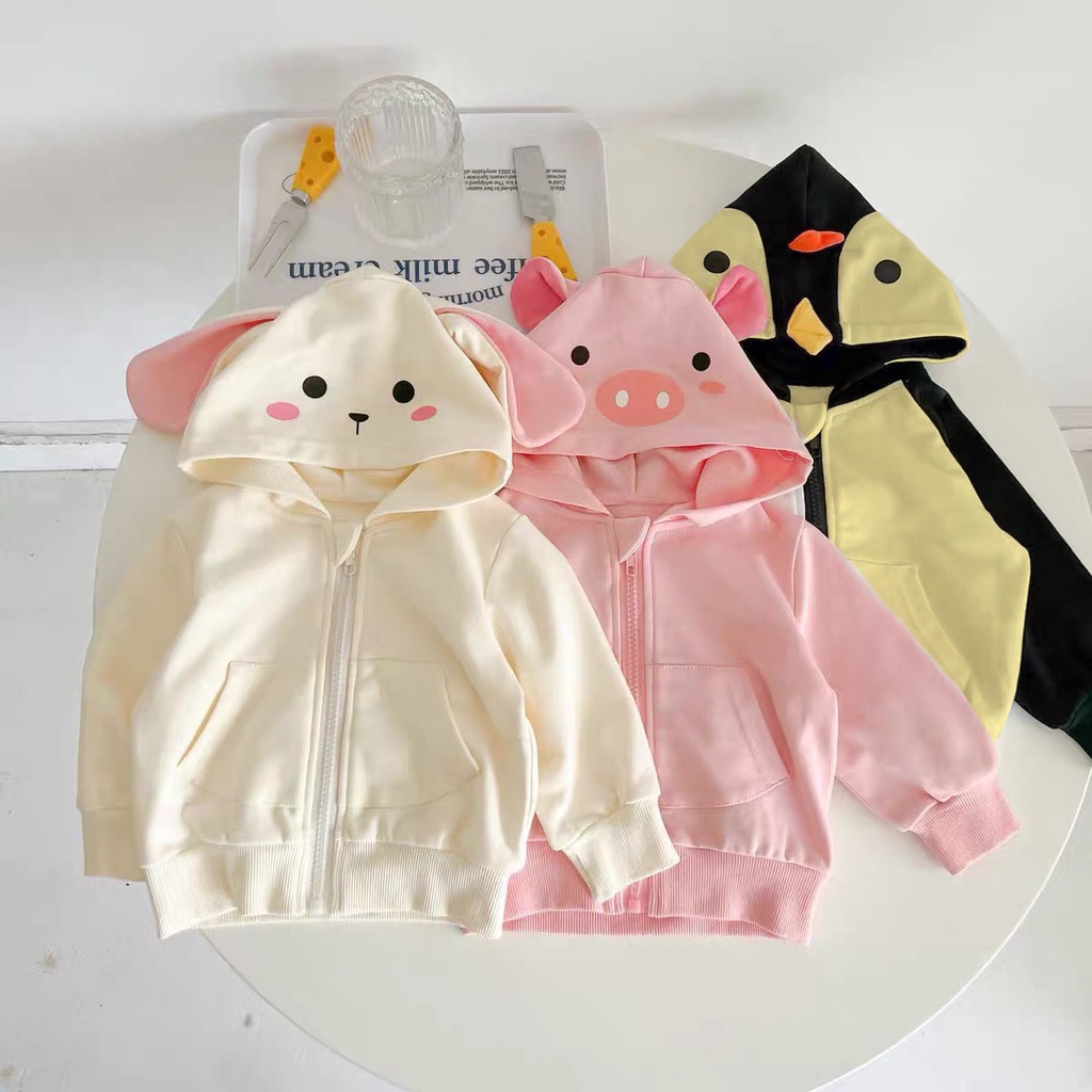 Áo dài tay thu đông cho bé gái TAI THỎ chất nỉ da cá có mũ họa tiết hoạt hình dễ thương 7-20kg