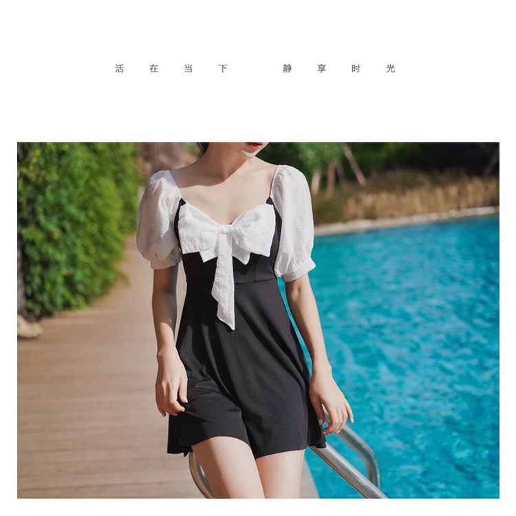 Bikini/váy bơi liền tay lửng phối nơ ngực phong cách tiểu thư kín đáo đi bơi đi biển hè M22