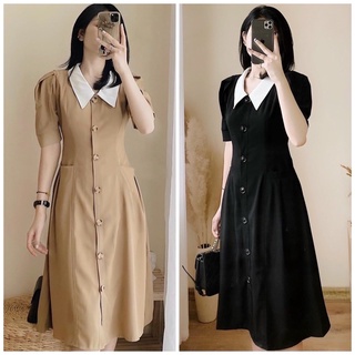 Đầm váy midi nút trước cổ trắng 2 màu