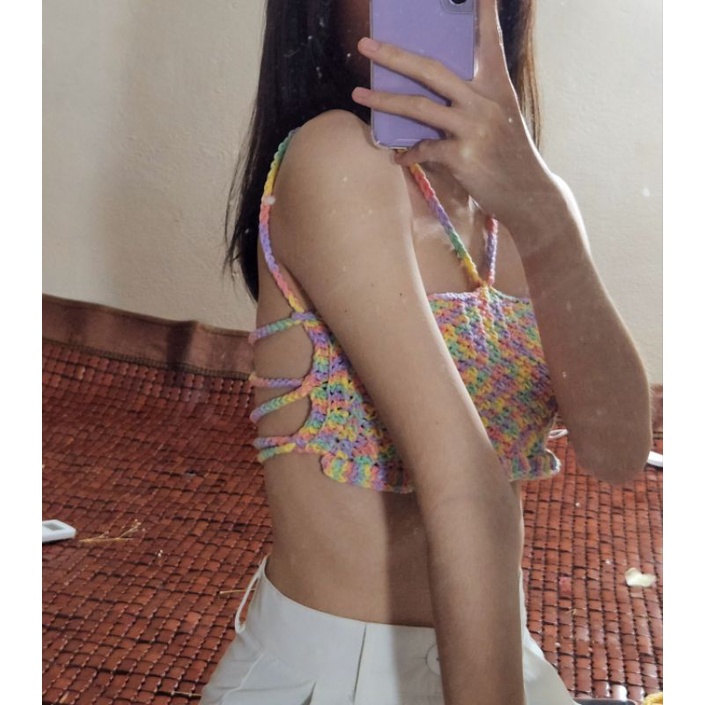 Áo len móc croptop crochet handmade màu Candy Crush siêu cute quyến rũ sexy mặc được nhiều kiểu hình thật