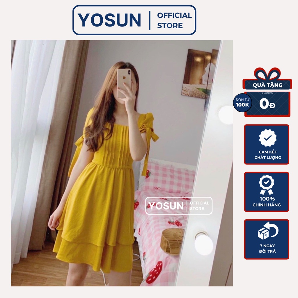 Đầm Dự Tiệc Cổ Vuông Xếp Li Trước Ngực Phối Tầng Xòe, Váy Thiết Kế Tay Ngắn Cột Nơ Sang Chảnh Màu Vàng
