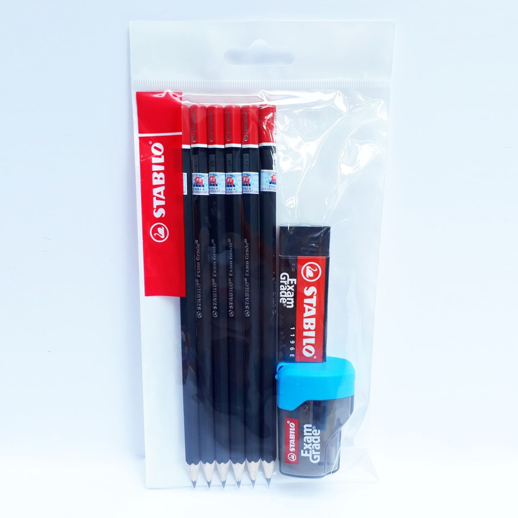 Bộ 6 cây bút chì gỗ STABILO Exam Grade 2B + tẩy ER196E + chuốt PS4538 (PC288-C6S+)