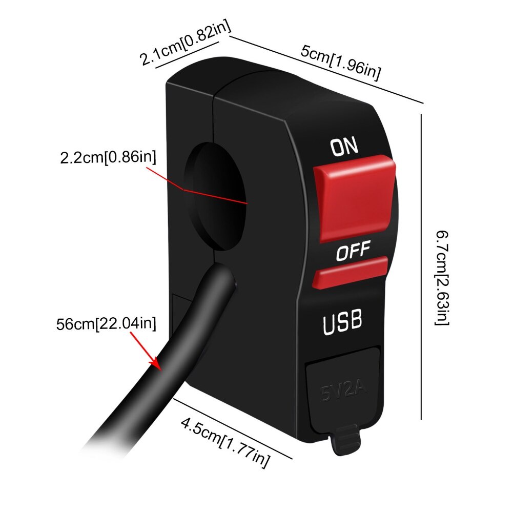 Công Tắc Gắn Tay Lái Xe Máy Chống Nước Kèm Sạc USB 4 Dây 22mm 7/8" 12V