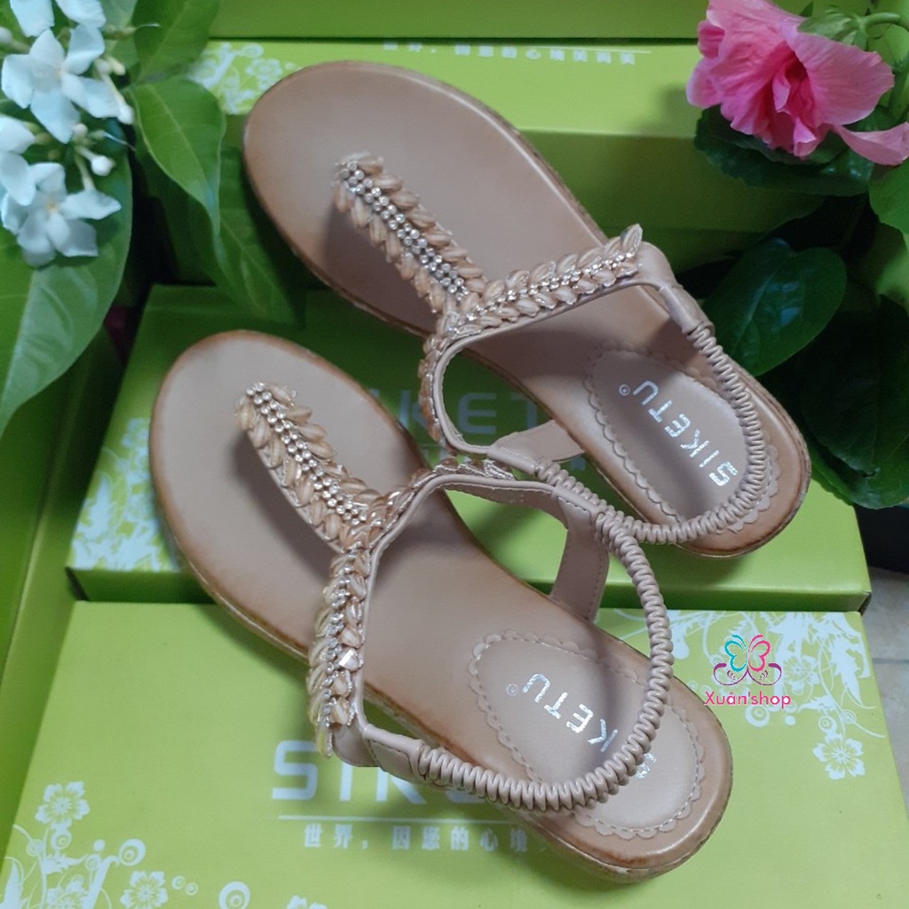 Sandal xỏ ngón Siketu, quai đính hạt xinh xắn, đế xuồng 4.5cm (có sẵn)