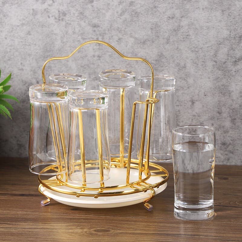 Khay úp cốc kim loại mạ vàng cao cấp kèm khay hứng sang trọng không gỉ