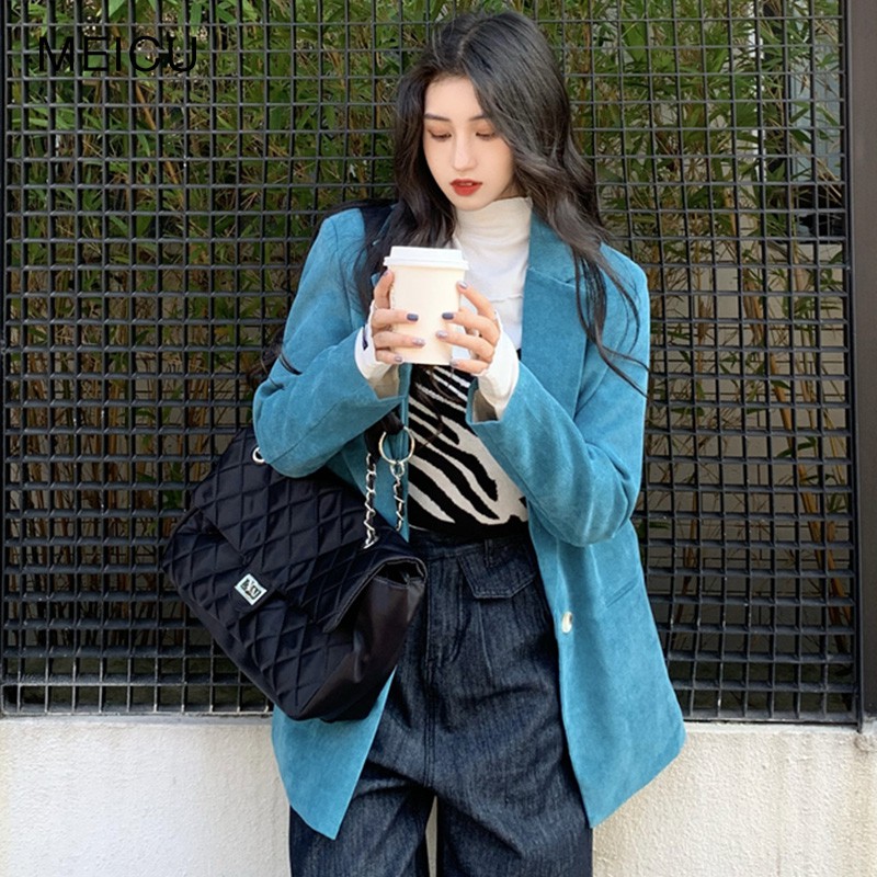 (Hàng Đẹp)Ảnh thật 4 hình cuối-2W45.Áo blazer nhung thu đông màu xanh dương sang chảnh | BigBuy360 - bigbuy360.vn